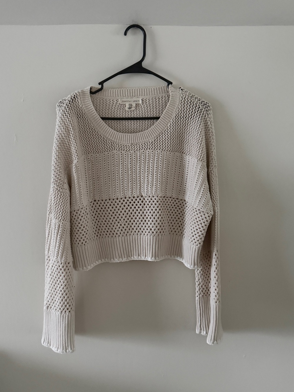 Open-Knit Crop Crewneck Sweater - Cream